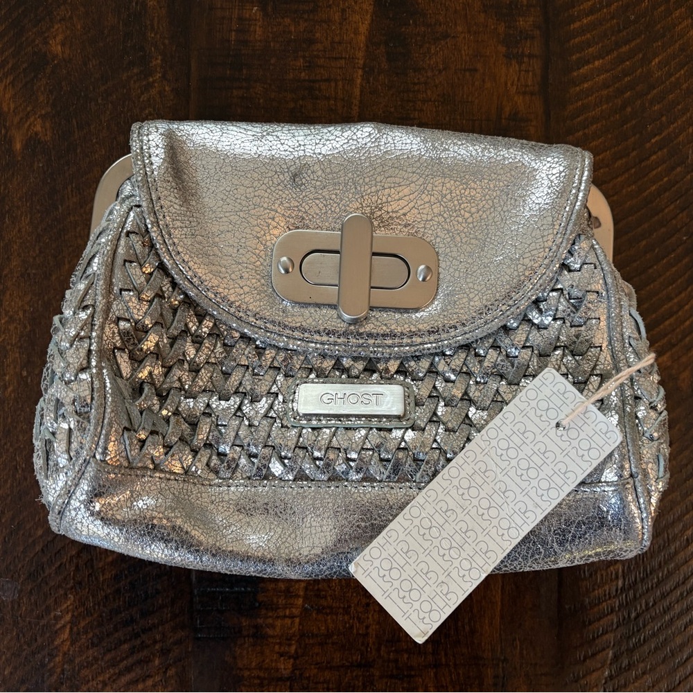 NWT Ghost London Leather Clutch Crackled Silver and Silver Leather Weave Pattern